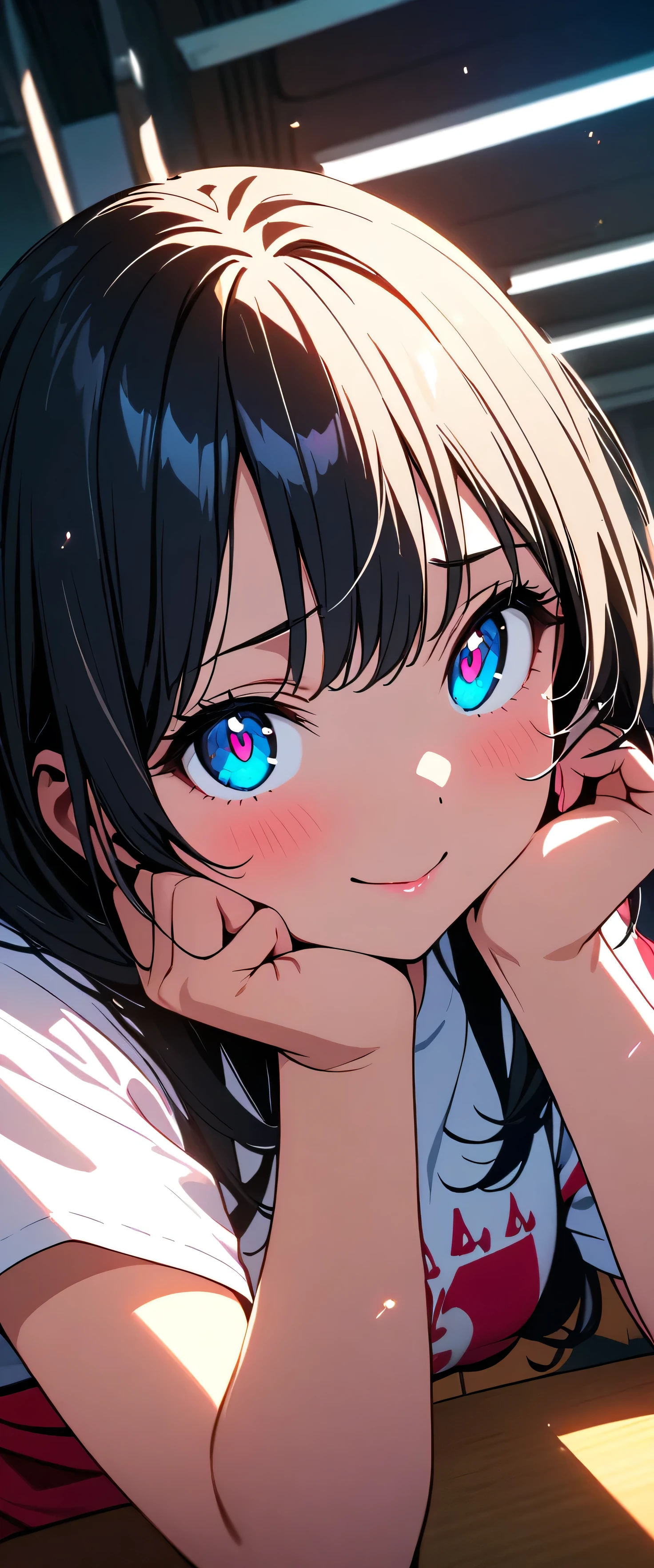 (beautiful girl: 1.3),One girl,masterpiece, Please redeem, Ultra-high resolution,Rich contrast,super high quality,8k,High-definition CG unit wallpaper,Texture,Very absurd,Ultra-high resolution,RAW Photos,Please redeem anime,Depth of written boundary 1.2,(Black Hair),Very detailed eyes,Glowing Skin,Glitter Effect,Beautiful glossy lips,((Headrest)),Tilt your head,Embarrassed,Looking up,Takada Rokka,classroom,sunset,From below,smile,closed mouth