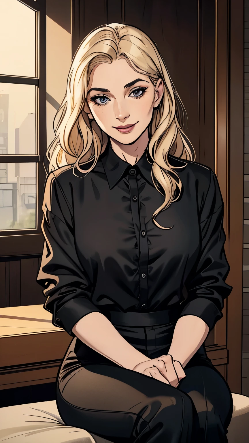 a woman in a black satin shirt and black pants sitting down, Woman, Americana, Age 30, pale skin and freckles, gray eyes, delicate nose, soft and delicate lips, far away, blondie far away and wavy waist length hair, sweet smile, face with delicate feminine facial features, highly rendered, 