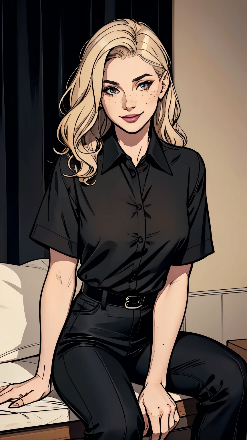 a woman in a black satin shirt and black pants sitting down, Woman, Americana, Age 30, pale skin and freckles, gray eyes, delicate nose, soft and delicate lips, far away, blondie far away and wavy waist length hair, sweet smile, face with delicate feminine facial features, highly rendered,