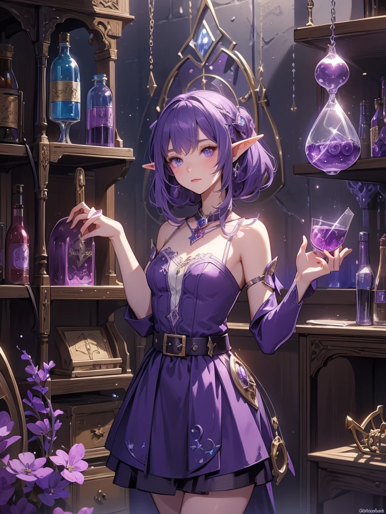 Elf girl in a purple dress standing in a room with a clock, fantasy alchemist laboratory, coriolios rpg art style, alchemist girl, in a potion shoppe, potion belt, fantasy game art style, cyborg merchant girl, shop window for magical weapons, fantasy potion vendor interior, mysterious potion shop girl, alchemist lab,