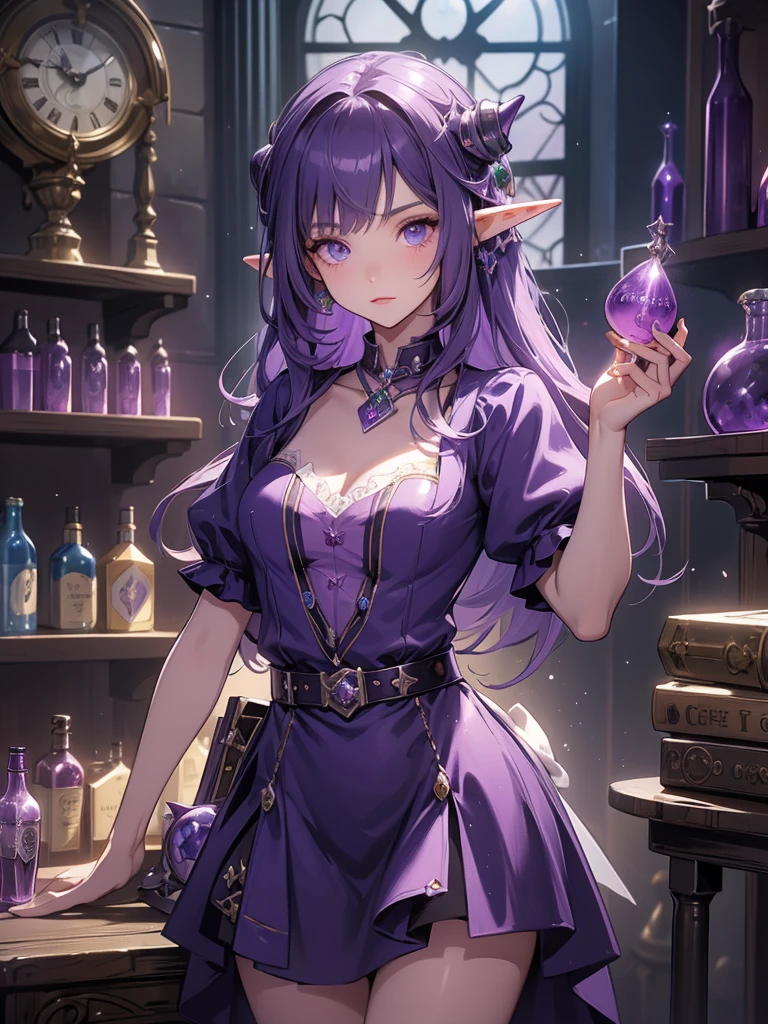 Elf girl in a purple dress standing in a room with a clock, fantasy alchemist laboratory, coriolios rpg art style, alchemist girl, in a potion shoppe, potion belt, fantasy game art style, cyborg merchant girl, shop window for magical weapons, fantasy potion vendor interior, mysterious potion shop girl, alchemist lab,