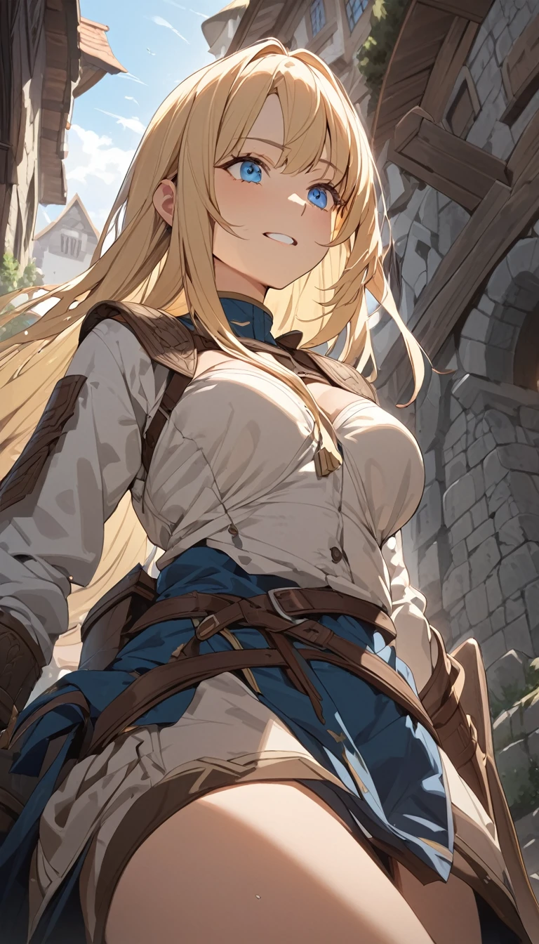 big masterpiece, best quality, extremely detailed CG, beautiful detailed eyes, ultra-detailed, intricate details:1.2), 8k wallpaper, elaborate features, glistening shiny, glowing light, ray tracing, HDR, deph of field, (perfect face), HD, perfect lighting, ((beautiful detailed eyelashes)), ((full body)), solo:1.5 (high-quality, breathtaking),(expressive eyes, perfect face) portrait, 1girl, female, solo, adult, age 20, Blonde hair, light blonde hair, Blonde hair color, bright green eye color, green eyes, neon green eyes, meadow green eye color, sparkly green eyes, shiny eyes, eyes hum with a slight green glow, long hair length, looking at viewer, half body, calm expression, fantasy clothing, height 4"3, fantasy adventurer attire, rouge attire, thief profession, short height, black cloak, black jacket, black short sleeved shirt, long sleeved leather bracers, black shorts, silver trim, fantasy armor, shoulder pads, pigtails, long pigtails, pigtails hairstyle, long hair, leather armor, light tanned skin, B cup breast size, curly hair, slightly narrow eyes, mature face, wearing fantasy themed clothes, wearing assassin clothes, wearing thief clothes, wearing black hooded cloak, hood down on cloak, quiver of arrows on back, back leather armor, boob window on chest, holding a longbow, silver trim on fantasy clothes silver trim on clothes, glorious absolute territory, absolute territory, in an alley way, in a stone alley way, stone wall,