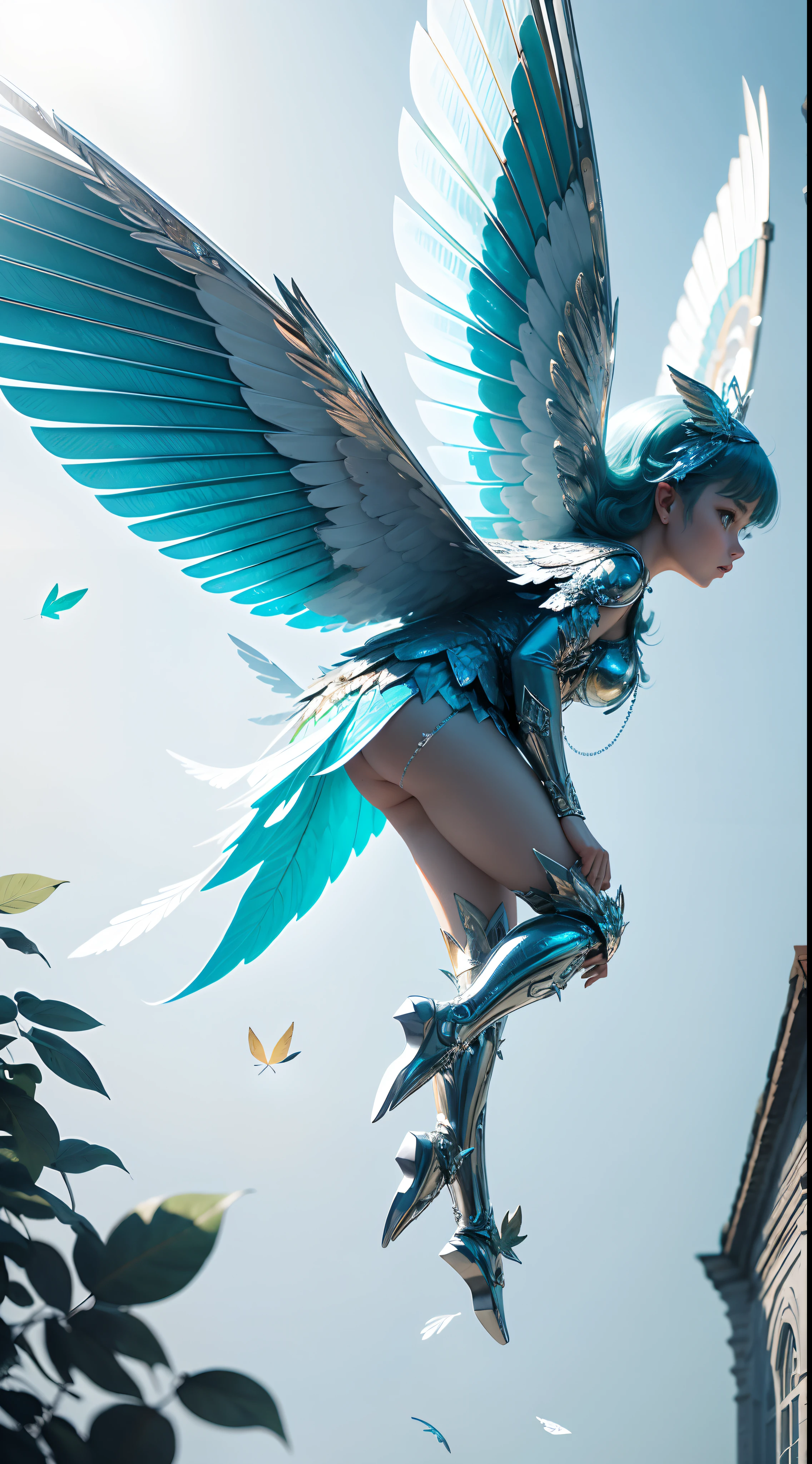 Close-up, a falling leaf, wings made of foil, white gold, reflective cyan, highly detailed, sacred, sky, natural light,clean, cinematography, best picture quality