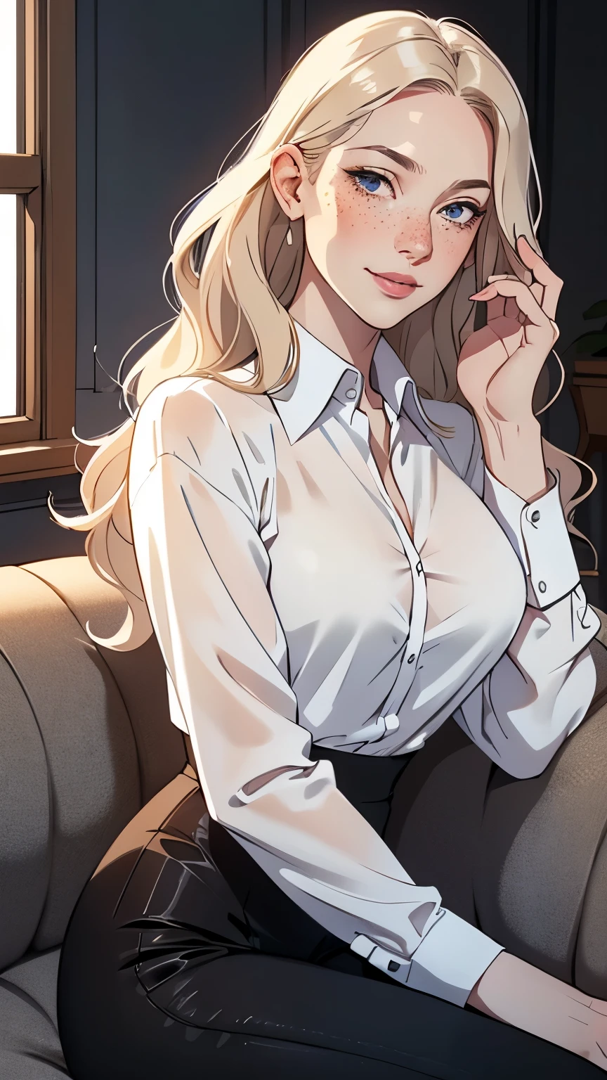 a woman in a black satin shirt and white pants sitting down, Woman, Americana, Age 30, pale skin and freckles, gray eyes, delicate nose, soft and delicate lips, far away, blondie far away and wavy waist length hair, sweet smile, face with delicate feminine facial features, highly rendered, 