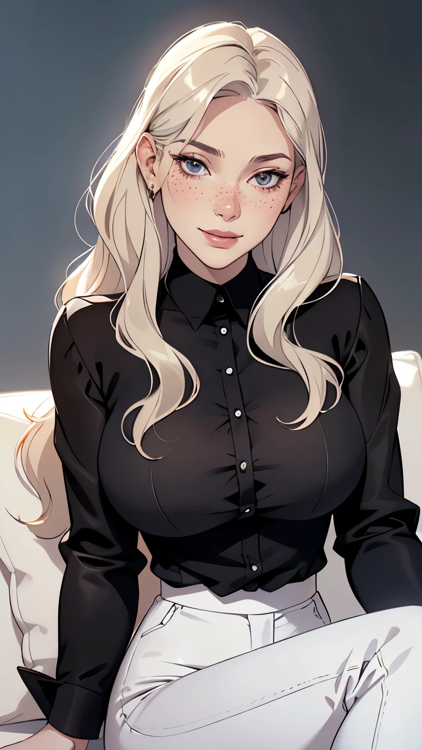 a woman in a black satin shirt and white pants sitting down, Woman, Americana, Age 30, pale skin and freckles, gray eyes, delicate nose, soft and delicate lips, far away, blondie far away and wavy waist length hair, sweet smile, face with delicate feminine facial features, highly rendered, 