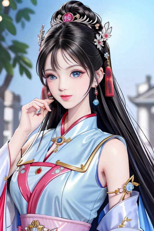 Best Quality,  (Highly detailed skin:1.2), 8k ultra high definition, High resolution, One young girl, Red face, Starry blue eyes, Beautiful and well-formed nose, Pink Lips, Nice face, Detailed facial depiction, Chinese Hanfu,Slender beauty, Shiny black hair,  Hair ornaments, gem, Earrings, necklace, White silk dress and suit，Look at me and smile. Costume of a high-ranking court lady, Inside the palace, Detailed illustration art, Detailed digital art, 