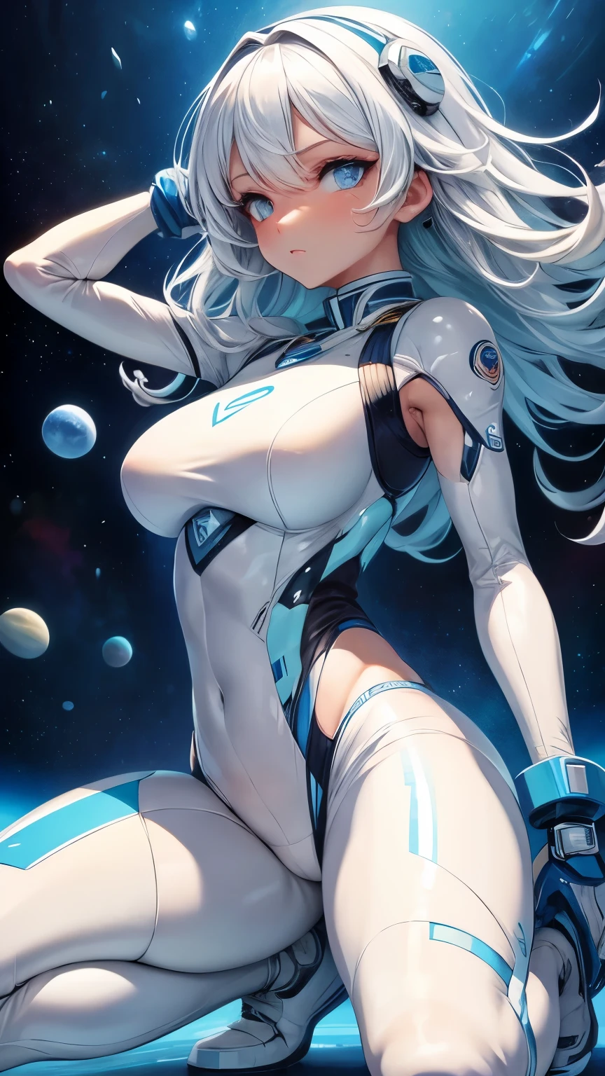 A pretty girl, beautiful clear blue eyes, space sports, uniform, futuristic sports, kneeling, various poses