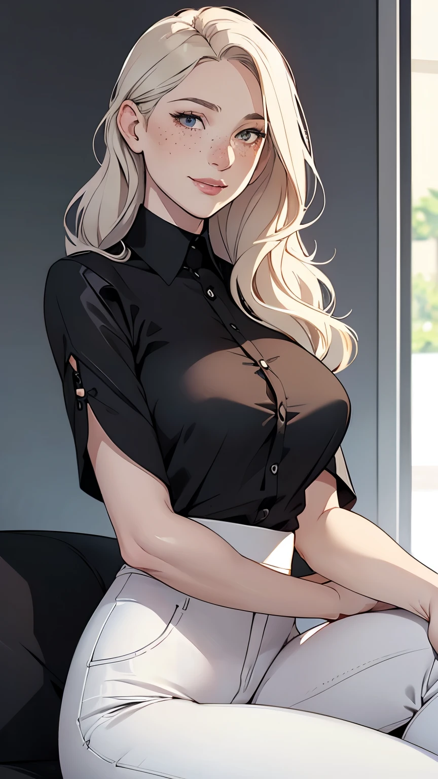 a woman in a black satin shirt and white pants sitting down, Woman, Americana, Age 30, pale skin and freckles, gray eyes, delicate nose, soft and delicate lips, far away, blondie far away and wavy waist length hair, sweet smile, face with delicate feminine facial features, highly rendered, 