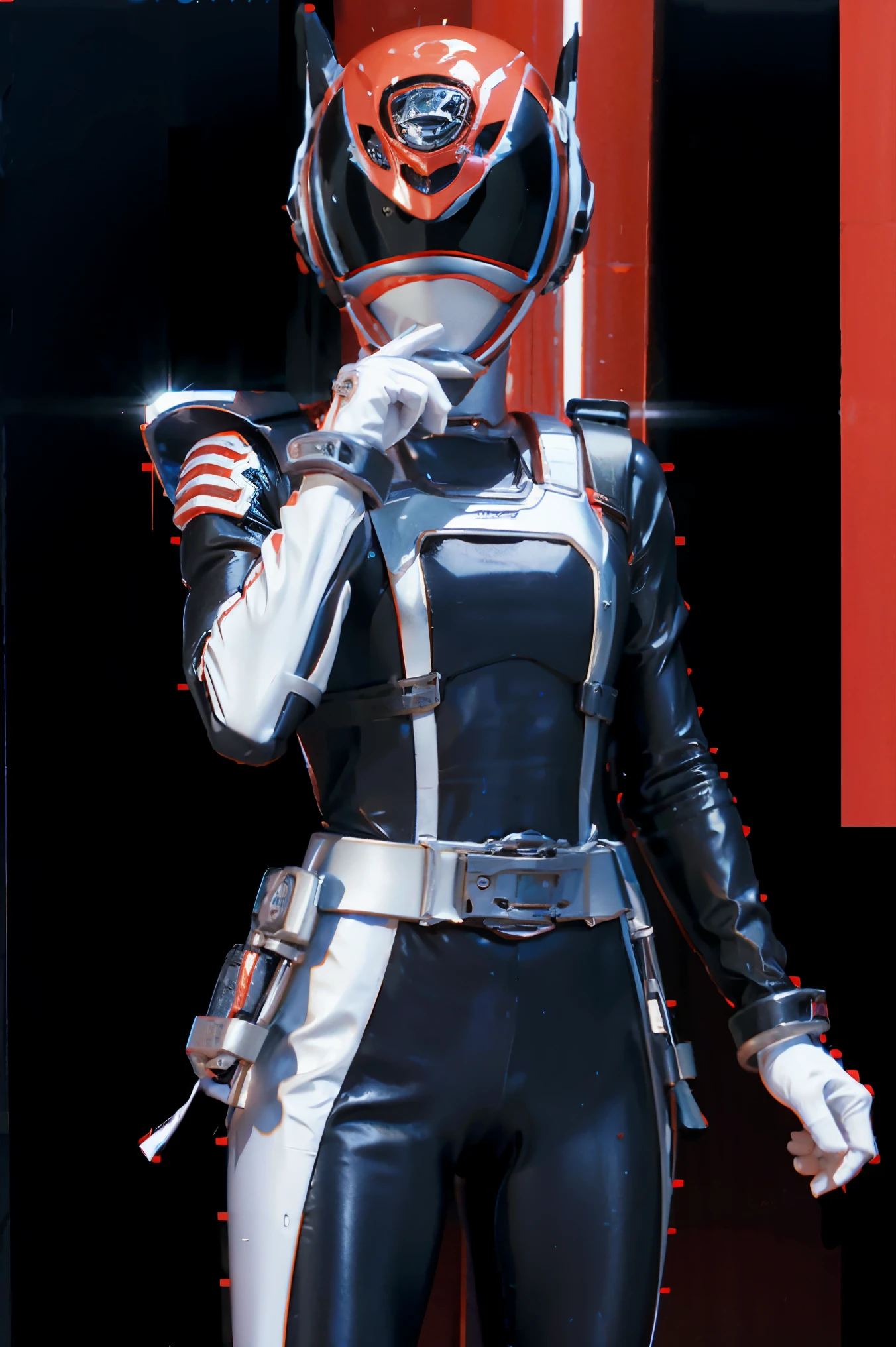 combine soldier, 1girl, solo, standing, helmet, faceless, gloves, looking at viewer, facing viewer, military, science fiction, russia, gas mask, shoulder armor, armor, bulletproof vest, from behind, baton \(weapon\), holding weapon,