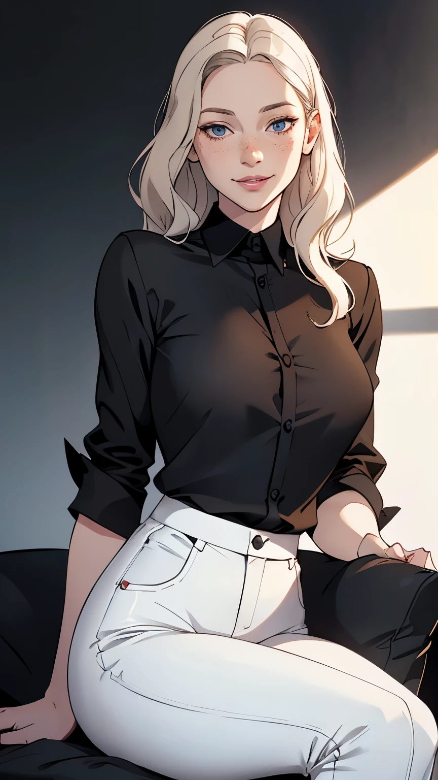 a woman in a black satin shirt and white pants sitting down, Woman, Americana, Age 30, pale skin and freckles, gray eyes, delicate nose, soft and delicate lips, far away, blondie far away and wavy waist length hair, sweet smile, face with delicate feminine facial features, highly rendered, 