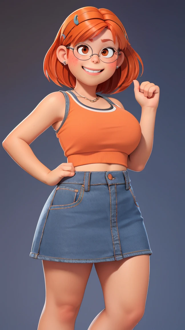 (best quality:1.4),(shiny skin), body focus, (cute face), (((best quality))), illustration, ((Beautiful Finger)), , Beautiful body, Beautiful character design, ,perfect lighting, Colorful, Bright_Front_face_Lighting, ultra high res, highres, absurdres:1.2, bokeh:1.2, lens flare, (vibrant_color:1.2), (Beautiful, large breasts:1.4), full body view, extremely loose shorts, adult, adult, low rise shorts,
Reddish-orange hair, red hairclip, circular glasses, (brown eyes:1.2), tank top, smile (chubby:1), extremely short shorts, of small stature, glistening sweat, visible cleavage ((Raise your arms behind your head))