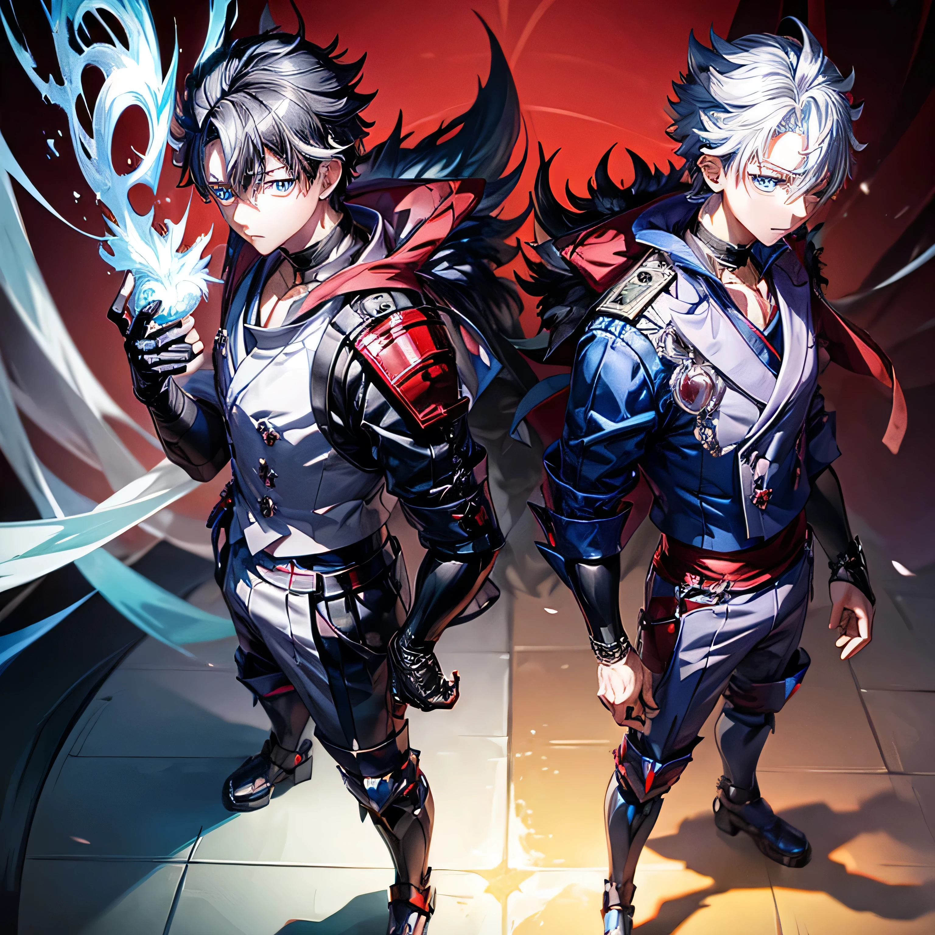 Two male adult anime characters stand side by side, one is Killua Zoldyck with white hair and blue eyes and the other is Shin Nozen with black hair and red eyes, both wearing royal clothing, One with blue eyes, one with red eyes