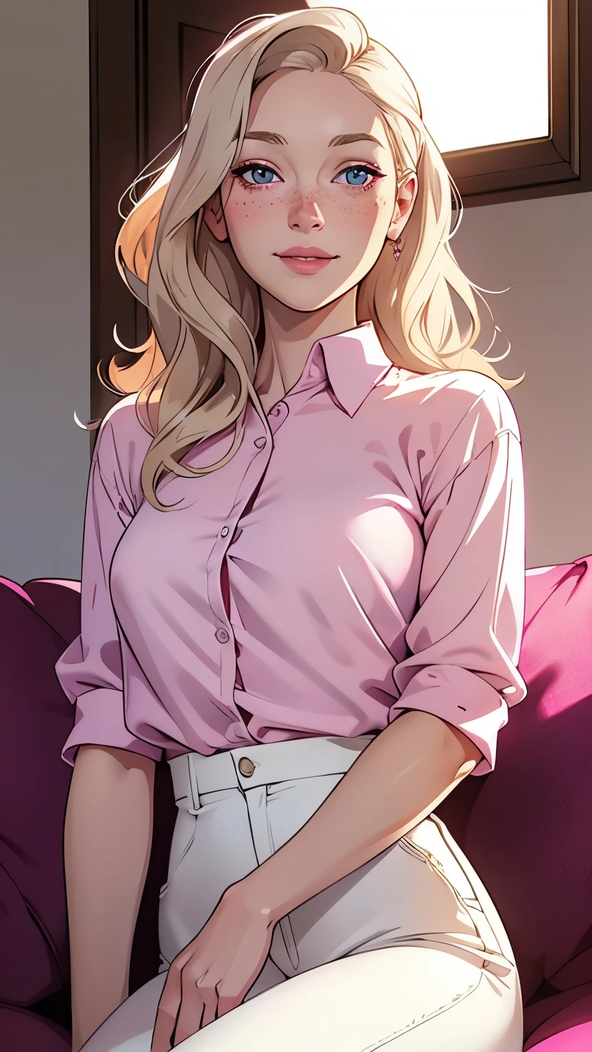 a woman in a magenta satin shirt and white pants sitting down, Woman, Americana, Age 30, pale skin and freckles, gray eyes, delicate nose, soft and delicate lips, far away, blondie far away and wavy waist length hair, sweet smile, face with delicate feminine facial features, highly rendered, 