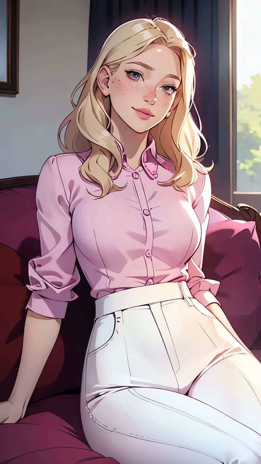 a woman in a magenta satin shirt and white pants sitting down, Woman, Americana, Age 30, pale skin and freckles, gray eyes, delicate nose, soft and delicate lips, far away, blondie far away and wavy waist length hair, sweet smile, face with delicate feminine facial features, highly rendered, 