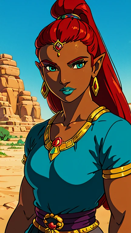 (1girl, solo, gerudo), (extremely detailed CG unit 8k wallpaper),(master part), (best quality), (ultra detail), (best illustration),(ghibli style), cowboy shot, (Sharp eyeliner, ombre, detailed eyes:1), oasis, outdoors background, ,break,  (GHIBLI_Background), upper body, very long hair, red hair, (dark skin), big nose, green lips, lipstick, gold jewelry, cyan clothes,