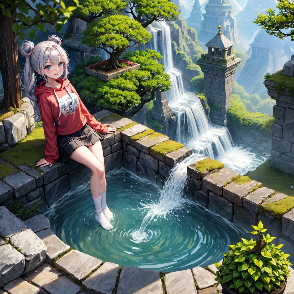 One girl, Light clothing,White top and bottoms, ponytail ,Gray Hair, Purple eyes, magic circle, Blue Fire, Blue Flame, Depth of written boundary,early morning, Particles of light, light, Side Lighting, Thighs, Open jacket, skirt, cloud((Highest quality)), ((masterpiece)), (detailed),Morning Glow,River in the forest, Meditating on the riverbank,barefoot