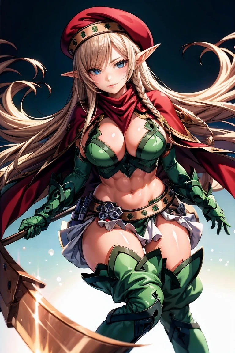 masterpiece, best quality:1.2), cowboy shot, solo, 1girl, alleyne, elf, expressionless, looking at viewer, side braid, beret, cape, skirt, thighhighs, green footwear, thigh boots, elbow gloves, gloves, midriff, cleavage, ultra detailed, ultra high res, beautiful, official art, production art, top quality, professional quality, high quality, amazing quality, fantastic, anime style, anime screencap, anime best girl, beautiful portrait of cute anime girls, super fine illustration, gleaming skin, oil skin, shiny skin, super detailed skin, fair skin, eyes are heart marks, heart shaped pupils, full face blush, sexual ecstasy smile, fucked silly, vulgarity, happy, seductive smile, dimpled smile, evil smile, rape face, smirk, perfect proportion, perfect female body, perfect anatomy, perfect hands, perfect fingers, perfect gloves, sexy abs, five fingers, four fingers and one thumb, 