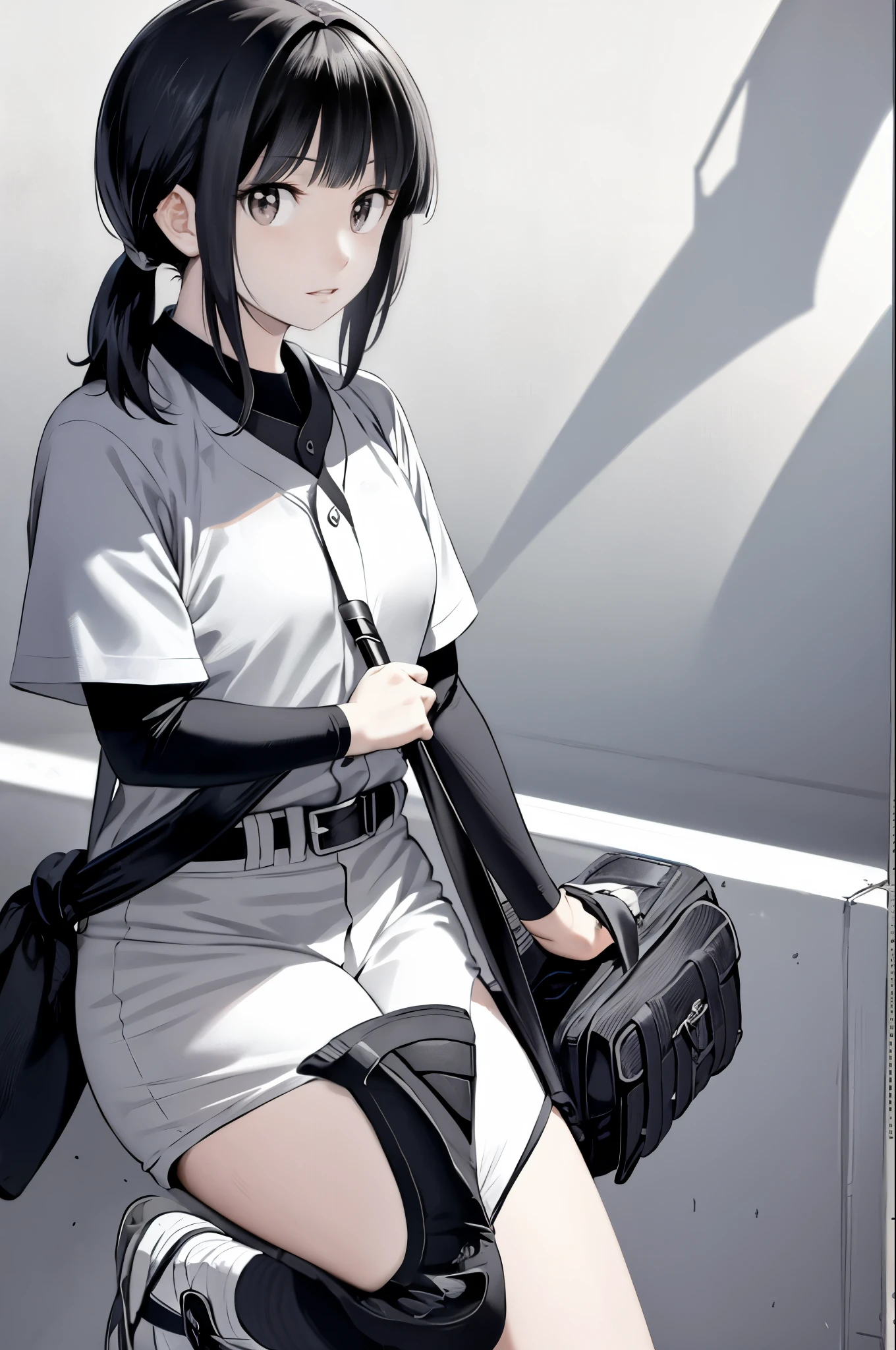 looking at viewer,
black hair,(tied hair,blunt bangs:1.2), small breasts,
(baseball uniform:1.2), (best quality:1.3),1girl,