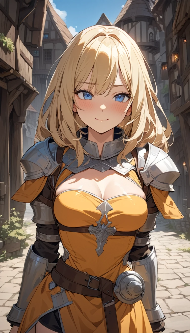 Heroic portrait、adventure、action、Fantasy、actionポーズ, Lean back, Female Knight, 1 Female, Beautiful Skin, Fine skin, vivid hair, Luminous Eyes, JK, Blonde, Bob with a Falling Front, double eyelid, Open your mouth, Crazy smile, (Breast plate、shine、大剣action:1.2)、Detailed facial features、Strong body lines、Sharp Eye、Demonic、a muscular build、Dynamic pose、Full of energy、A dusty battlefield:1.4、(Highest quality:1.2, Very detailed, anime, Attention to detail, Ultra-high resolution, High Contrast, masterpiece:1.2, Highest quality, Best aesthetics),
