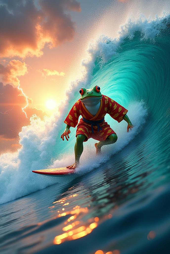 masterpiece, photorealistic,highly detailed, 4k, 8k, vibrant colors,   a surfer riding a large rainbow wave, ocean waves crashing, beach landscape, sunny rain day, dynamic motion, athletic frog surfer, kimono, surfboard,splashing rainbow water, bold lightning, dramatic lighting, 熊、ケーキ、侍、galaxy,