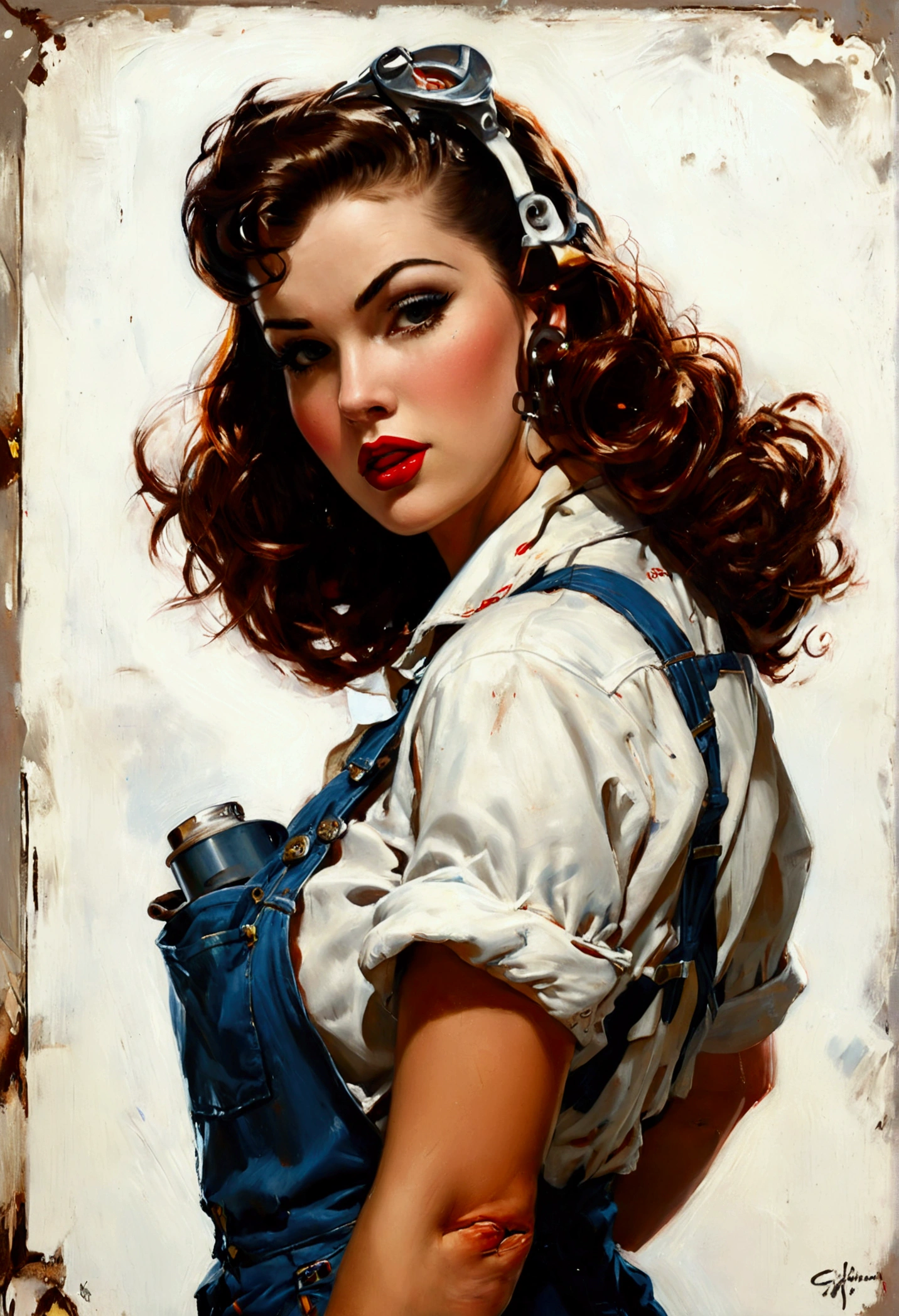 pinup model, standing, mechanic overalls, GREASE DIRTY, face with grease, looking back, wheel wrench in hand, sultry gaze, cocked ass, White background, oil painting, work of art. gil elvgren style.