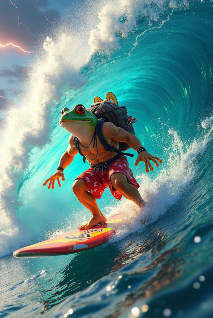 masterpiece, photorealistic,highly detailed, 4k, 8k, vibrant colors,   a surfer riding a large rainbow wave, ocean waves crashing, beach landscape, sunny rain day, dynamic motion, athletic frog surfer with big backpack, 斧, kimono, surfboard,splashing rainbow water, bold lightning, dramatic lighting, 熊、ケーキ、侍、galaxy,