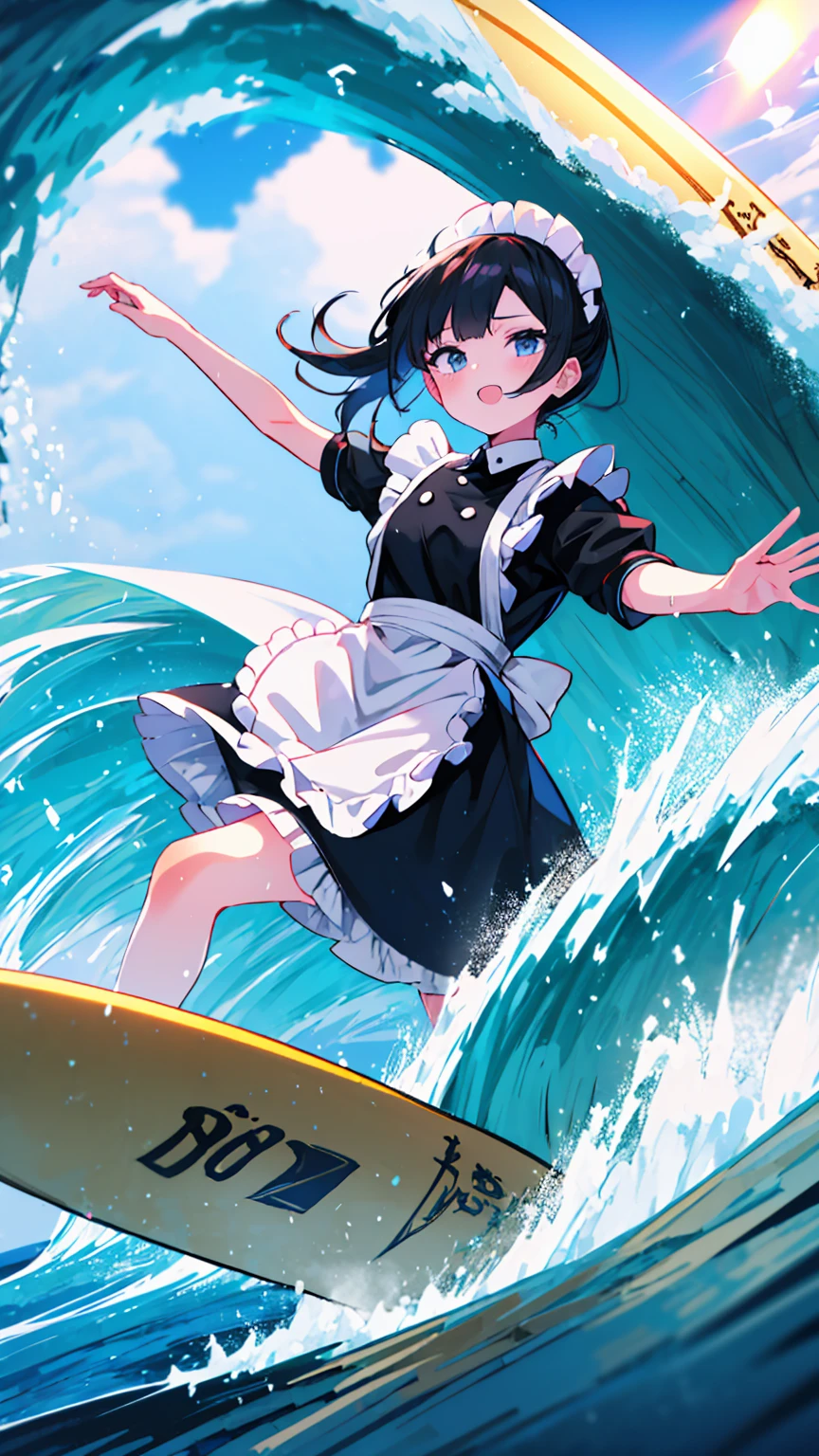 (8k, Best Quality, masterpiece: 1.2),Ultra-high resolution, 1 person, solo,Highly detailed face, Apron dress, Black Dress, White apron, black and white maid outfit, Random Hairstyles, Gay Hair, surfing, sea, Wave, sunlight, Ecstatic expression, Splash, Overall image, Flooding, Wet, surfboard, 