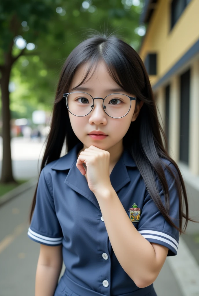 girl in thai school uniform , big glasses , log black hair ,white skin 