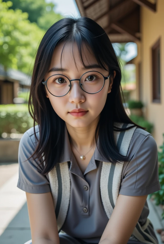 girl in thai school uniform , big glasses , log black hair ,white skin 