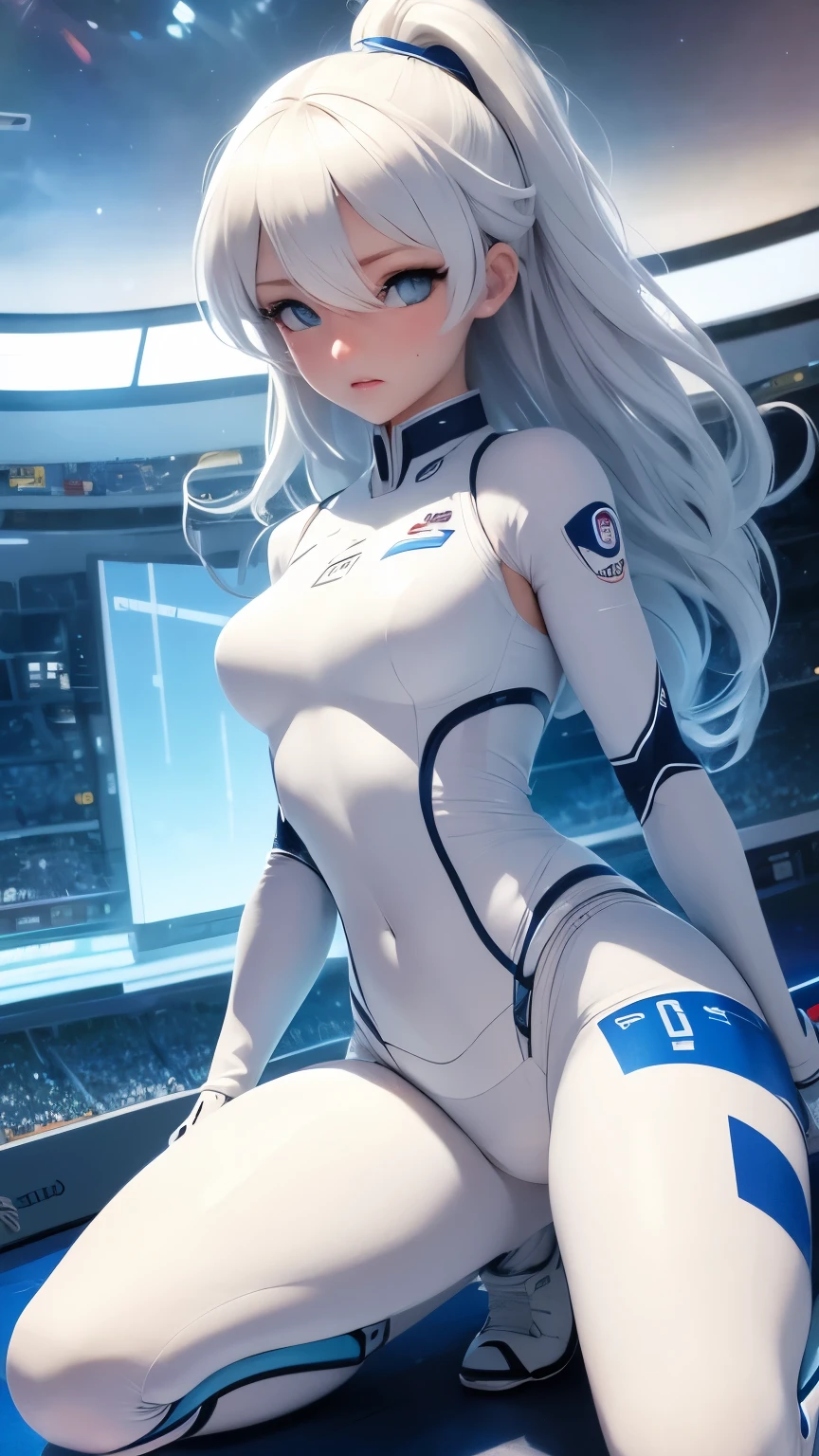 A pretty girl, beautiful clear blue eyes, space sports, uniform, futuristic sports, kneeling, various poses