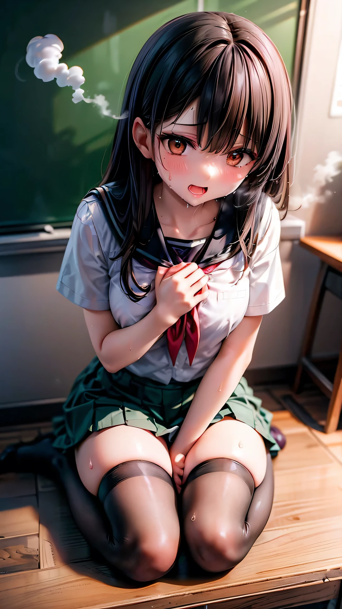 PVC,Best Quality,One girl,((Mid-chest:1.3)),Curvy,((orgasm,,sweat,steam:1.3)), Black Hair, (Brown eyes:1.5), Long Hair, green skirt, Check pattern, Check pattern skirt,((School Uniform)), skirt, Short sleeve,thighhighs,Remote Controller, Remote Control,Thigh Angle,Head sticking out of frame,Lower Body,Need to pee,Cover your groin,(((Place your hands between your legs))),Place your knees together and spread your legs,stand,,classroom,