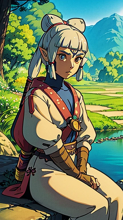 (1girl, solo, Impa), (extremely detailed CG unit 8k wallpaper),(master part), (best quality), (ultra detail), (best illustration),(ghibli style), cowboy shot, (Sharp eyeliner, ombre, detailed eyes:1), oasis, outdoors background, ,break,  (GHIBLI_Background), upper body, YoungOutfit, sitting