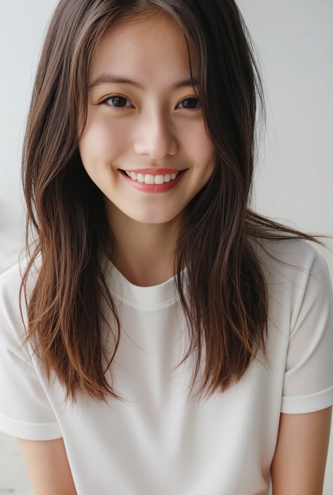 32K, Masterpiece, masterpiece, Realistic, Very detailed,  photograph, High resolution, A face that Japanese men really like., Smoother light, official art, Written boundary depth, Bright light, close, Detailed face, smile, Beautiful details in the eyes, 19 year old Korean, cute, real texture skin, T-Shirts,