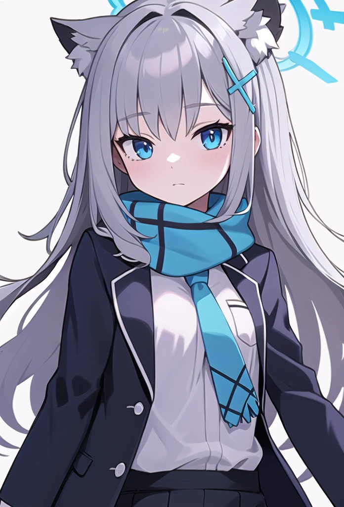 Best Quality, masterpiece, High resolution, alone, (white_Blue Archive:1.10), One girl, blazer, Blue tie, Blue scarf, View your viewers, open jacket, School Uniform, Upper Body, White Shirt, Black Jacket, Long sleeve, Simple Background, White background, 