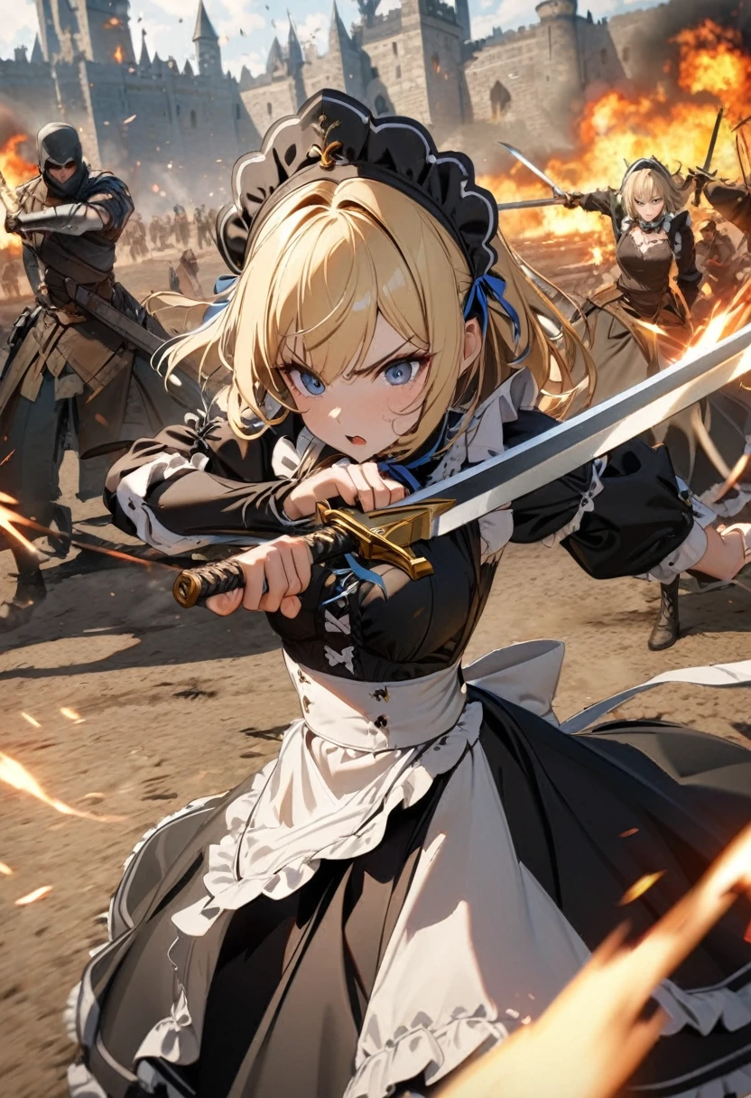 (8k, Best Quality, masterpiece), Blonde, Small breasts, Black Dress, White apron, Blue ribbon, Gold A-line, Gold accents, Gothic maid outfit, Long:1,4), Burning Battlefield, Castle Defense, Large two-handed sword, (Western design sword), Sword fight, A strong enemy in front of me, Close race, Fierce Fight, Deadly Combat, Being cornered, I&#39;m somehow managing to protect it all by myself., (Slashed by a sword:1,4), (Torn Apron:1.6), (Torn clothes:1.6), (Dirty clothes:1,6), (Dirty with ash and soot:1,6), Whole body dirt, scratch, Blood, Brandishing a sword with both hands, 