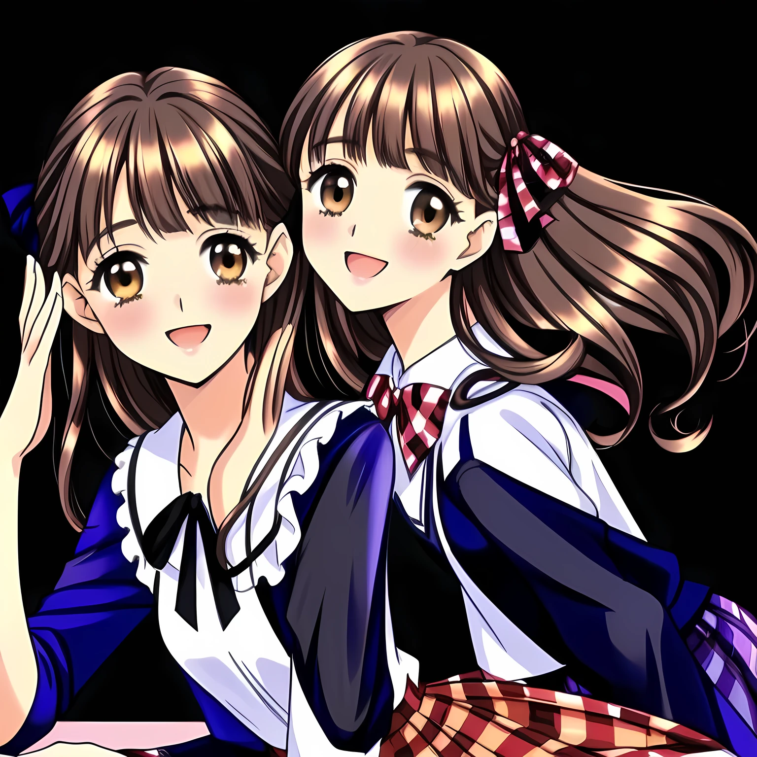 (highest quality, masterpiece: 1.6), (Two heroine girls are coming from both side facing each other and kissing each other, Too Beautiful noble beautiful lying anime noble heroines, beautiful giggling noble elegant 15yot anime heroines wares completely white frilled girly blouse and navy plaid skirt is lying on a magical sexy bed and inviting me into deep harem of siren and succubi, Noble Elegant uniform: 1.5), (yellow ta frilled blouse: 1.2), (Anime-heroine's girly noble laughing giggling brown eyes: 1.6), (Realistic Charming neat navy-colored very-neat well-pleated long checkered plaid school skirt: 1.5), (black background: 1.7), (Eyes, face and hair are especially beautifully detailed and beautifully drawn: 1.5), (Girl whom everyone loves because of her beauty and lovely fashion and noble manner and magic-charm like succubus: 1.0), (Very beautiful, wavy, cutely super-super-long straight gorgeous rich dark black hair like hair model, with elegant big yellow hair ribbons: 1.3), (beautiful black hair: 1.5), (Perfect body style like a fashion model)
