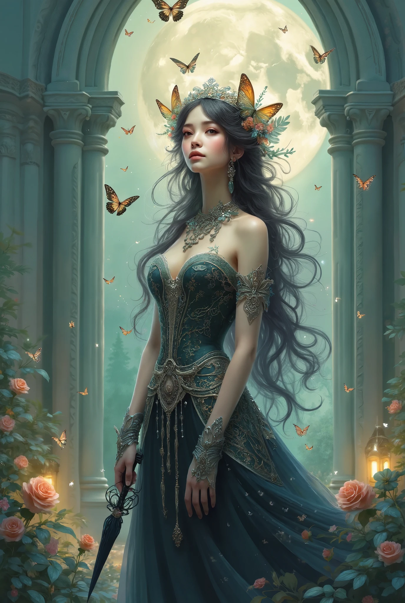 "A mysterious young woman in a Gothic ta outfit stands under a full moon in front of a grand, ancient cathedral. Her elaborate black dress is adorned with lace, ribbons, and intricate silver embroidery. She wears a delicate lace choker and matching gloves, holding a small black parasol. Her long, dark hair cascades over her shoulders, and her pale face is framed by a gothic headpiece. Around her, black roses bloom amidst the fog, and butterflies flutter near glowing lanterns. The atmosphere is ethereal, with soft shadows and moonlight enhancing the contrast of her elegant, melancholic presence