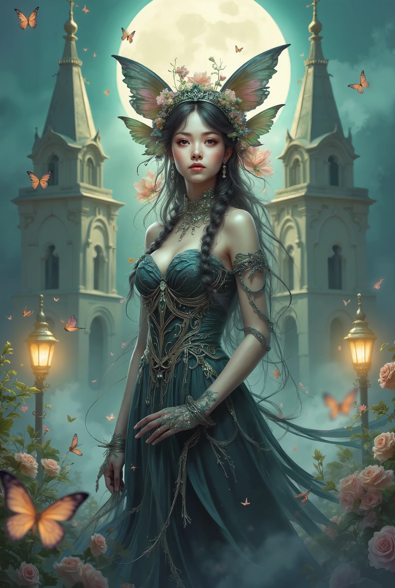 "A mysterious young woman in a Gothic ta outfit stands under a full moon in front of a grand, ancient cathedral. Her elaborate black dress is adorned with lace, ribbons, and intricate silver embroidery. She wears a delicate lace choker and matching gloves, holding a small black parasol. Her long, dark hair cascades over her shoulders, and her pale face is framed by a gothic headpiece. Around her, black roses bloom amidst the fog, and butterflies flutter near glowing lanterns. The atmosphere is ethereal, with soft shadows and moonlight enhancing the contrast of her elegant, melancholic presence