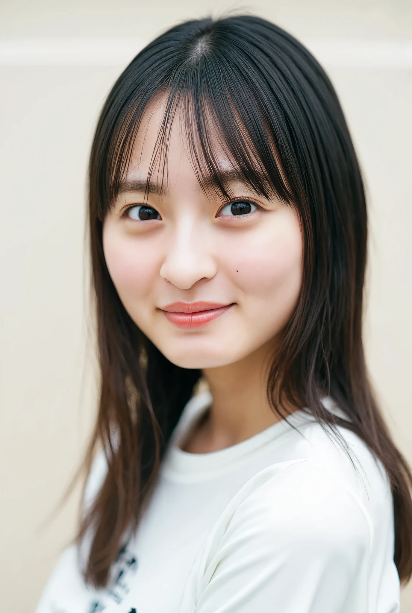 32K, Masterpiece, masterpiece, Realistic, Very detailed,  photograph, High resolution, A face that Japanese men really like., Smoother light, official art, Written boundary depth, Bright light, close, Detailed face, smile, Beautiful details in the eyes, 19 year old Korean, cute, real texture skin, T-Shirts,