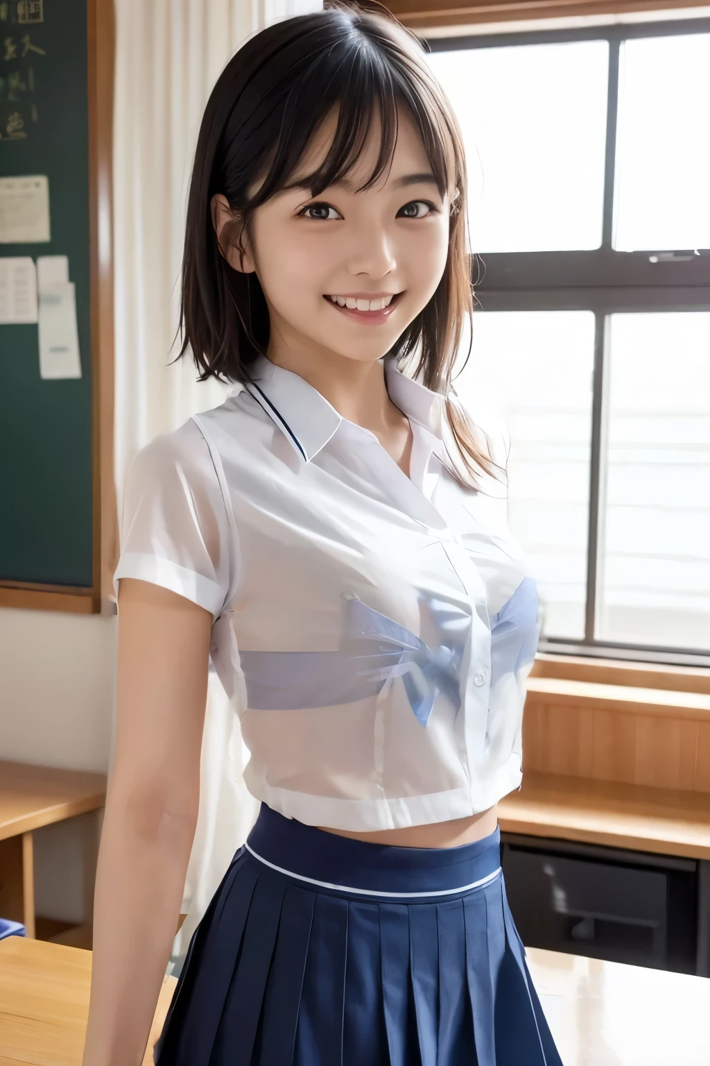 ultra-detailliert、masterpiece、top-quality、超A high resolution、8K high image quality、Photogenic clarity、、Model Standing、Minuscule panties、Pubic hair can be seen through the lace of the panties、(((Small panties made of light blue and white lace material)))、(((Dark blue school uniform、White blouses、Cute white white short sleeve blouse with checked ribbon)))、(((See all panties))(((Lift skirt hem)))、panties focus、、Detailed lace panty pattern、normal light blue panties、(((Beautiful alignment and snow-white teeth)))、(((Lift the skirt bigger and bigger,、Show your panties to the camera)))、The most popular and beautiful employees of the company、Body type of slender model、Ultra slim body Gcup bust、Body shape of slim model、Beautiful posture、Ride your bike and spread your legs、Skirt Rolling Up、extremely wet、low angle shot from below、 sodden no-bra Transparent pink nipples nipple erect Panties wet wet Iki face Aha Face
