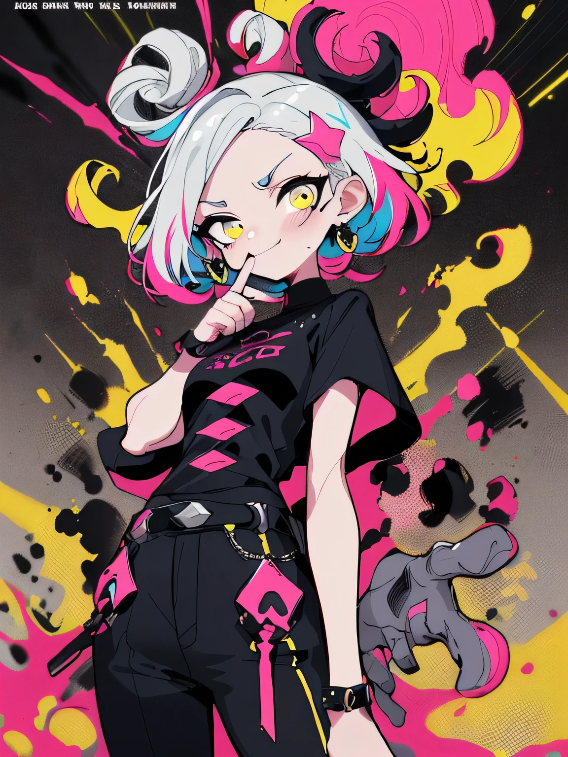 ((((dramatic))), (((Rough))), (((intense))) film poster featuring a young platinum white hair woman as the central character. She stands Confidently in the center of the poster, wearing a stylish and edgy Harajuku-inspired hip hop Costume, with a determined Performance on her face. The background is aesthetic atmospheric dark and Rough, With danger and tension. The article is  and Eye-catching, with a Attractive tagline that adds to the overall feeling of drama and excitement. The color palette is mainly dark with splashes of Vibrant neon colors, giving the poster a dynamic and visually Impressive appearance,Character portrait
(magazine:1.3), (cover-style:1.3), fashionable, woman, Vibrant, Costume, Sexy and seductive pose, Front, colorful, dynamic, background, element, Confident, Performance, holding, statement, accessories, Majestic, Swirl, The surrounding area, touch, scene, article, cover, , Eye-catching, 【title, stylish, font, Attractive, Heading, big, Impressive, 【Contemporary, trend, concentrated, fashion,