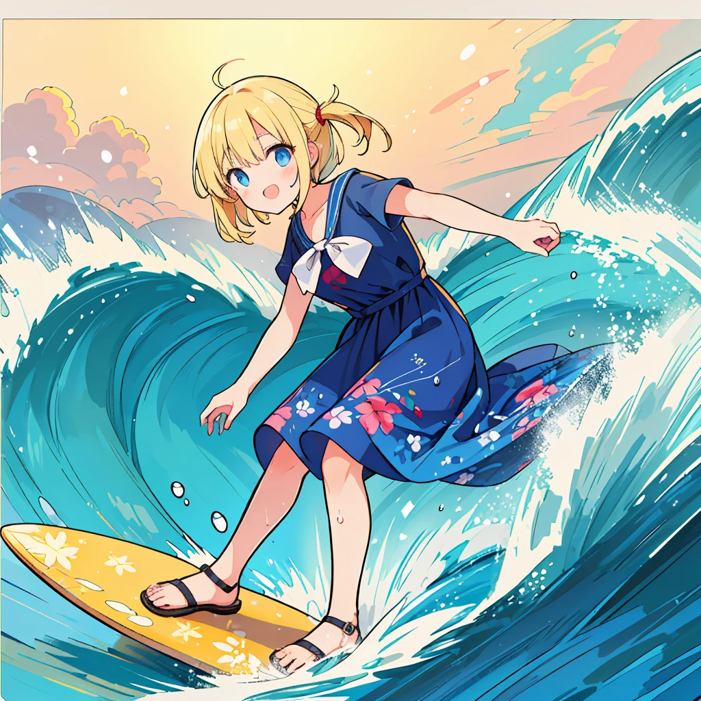 (8k, super high quality, masterpiece), (detailed), One Woman, cute, Small breasts, blonde, Navy Blue Dress, Floral, Hawaiian Dress, Sandals, whole body, sea, surfing, soaked, Childlike, The best smile, Water Drop, My clothes are wet and shining, surfboard, 