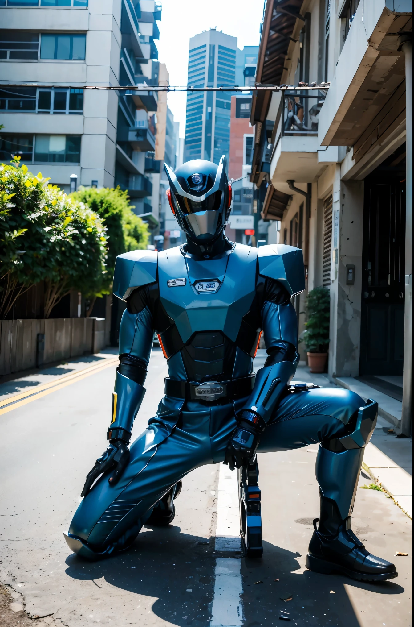 cyberpunk, (chain saw, chain saw man, blue:1.1), kneeling on roof of a car, robotic essence, reelmech, cybernetic samurai, worn-out mech suit, damaged, intricate, (rusty, damaged), elegant, clear focus, shot by greg rutkowski, soft lighting, vibrant colors, masterpiece, ((street)), cowboy shot, dynamic pose, fighting stance