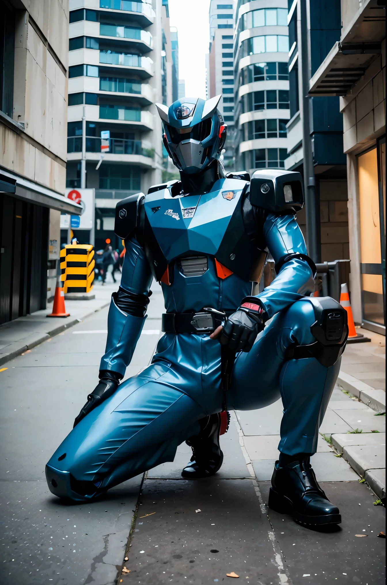 cyberpunk, (chain saw, chain saw man, blue:1.1), kneeling on roof of a car, robotic essence, reelmech, cybernetic samurai, worn-out mech suit, damaged, intricate, (rusty, damaged), elegant, clear focus, shot by greg rutkowski, soft lighting, vibrant colors, masterpiece, ((street)), cowboy shot, dynamic pose, fighting stance