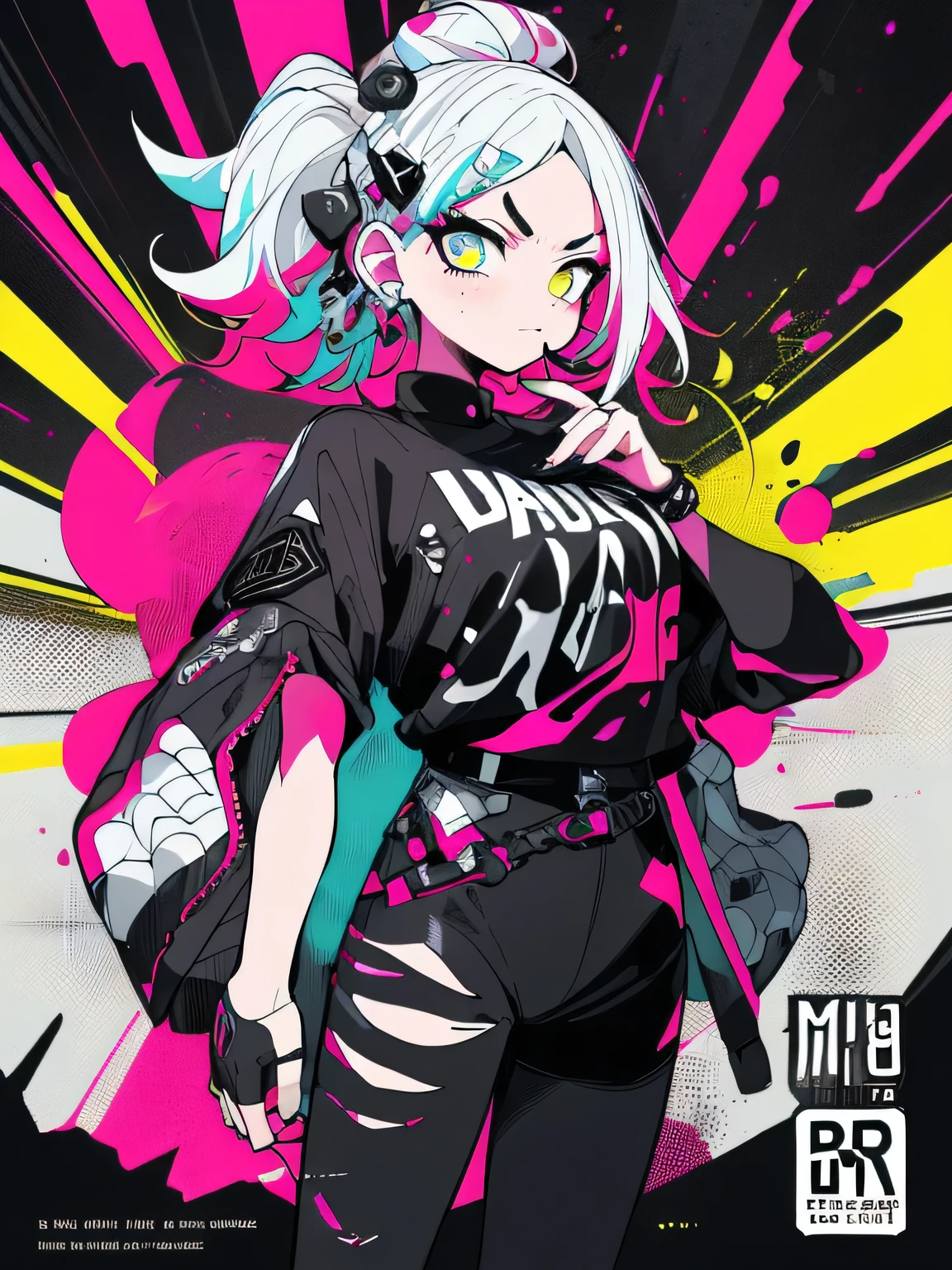 sideview,((((dramatic))), (((Rough))), (((intense))) film poster featuring a young platinum white hair woman as the central character. She stands Confidently in the center of the poster, wearing a stylish and edgy Harajuku-inspired hip hop Costume, with a determined Performance on her face. The background is aesthetic atmospheric dark and Rough, With danger and tension. The article is  and Eye-catching, with a Attractive tagline that adds to the overall feeling of drama and excitement. The color palette is mainly dark with splashes of Vibrant neon colors, giving the poster a dynamic and visually Impressive appearance,Character portrait
(magazine:1.3), (cover-style:1.3), fashionable, woman, Vibrant, Costume, Sexy and seductive pose, Front, colorful, dynamic, background, element, Confident, Performance, holding, statement, accessories, Majestic, Swirl, The surrounding area, touch, scene, article, cover, , Eye-catching, 【title, stylish, font, Attractive, Heading, big, Impressive, 【Contemporary, trend, concentrated, fashion,