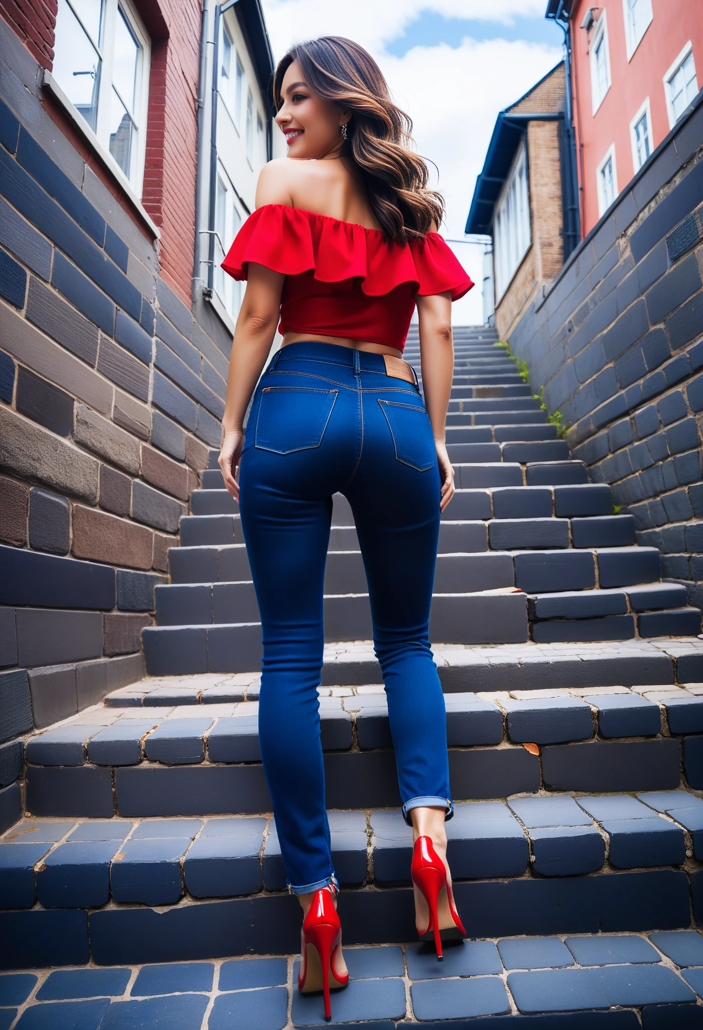 30-year-old Caucasian female、Soft wavy long hair、Shiny hair texture、Sparkling Blue Eyes、Feminine and soft body、Shiny red off-the-shoulder mini top、Finely woven high rise navy jeans、Wearing high heels、Low angle shot from behind of a woman climbing cobblestone stairs in the city、Shooting with a slight fisheye lens effect、Shooting with emphasis on the lower body、(From below:1.3)、((Developed buttocks and firm thighs and calves in jeans))、Smiling as she looks back at the photographer、Rear shot、((Full body photography))、Photographed from 20m away