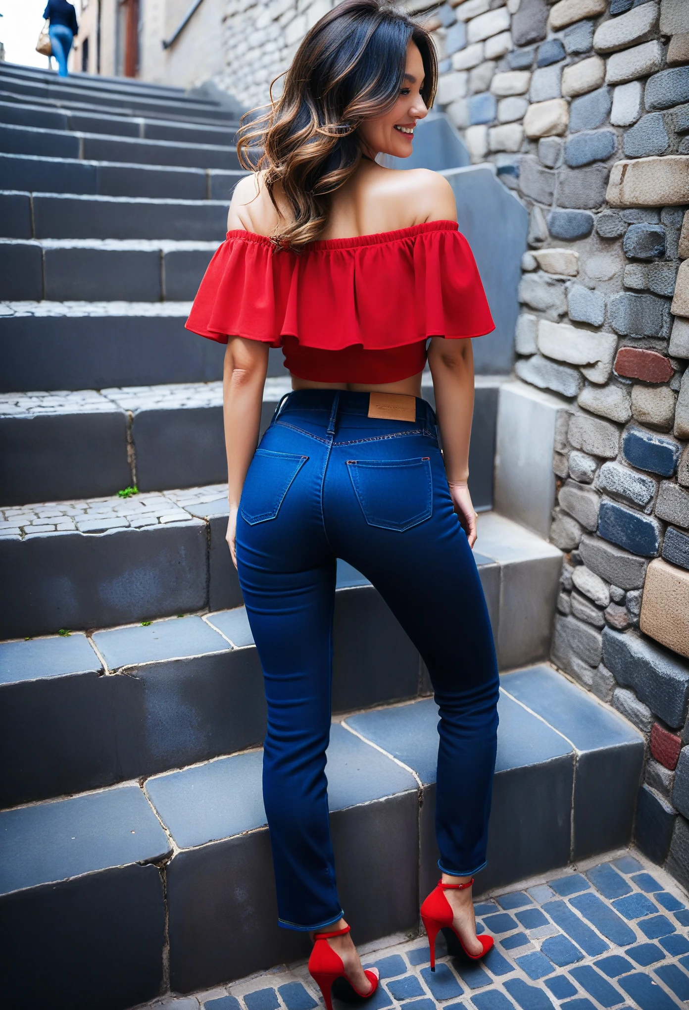 30-year-old Caucasian female、Soft wavy long hair、Shiny hair texture、Sparkling Blue Eyes、Feminine and soft body、Shiny red off-the-shoulder mini top、Finely woven high rise navy jeans、Wearing high heels、Low angle shot from behind of a woman climbing cobblestone stairs in the city、Shooting with a slight fisheye lens effect、Shooting with emphasis on the lower body、(From below:1.3)、((Developed buttocks and firm thighs and calves in jeans))、Smiling as she looks back at the photographer、Rear shot、((Full body photography))、Photographed from 20m away