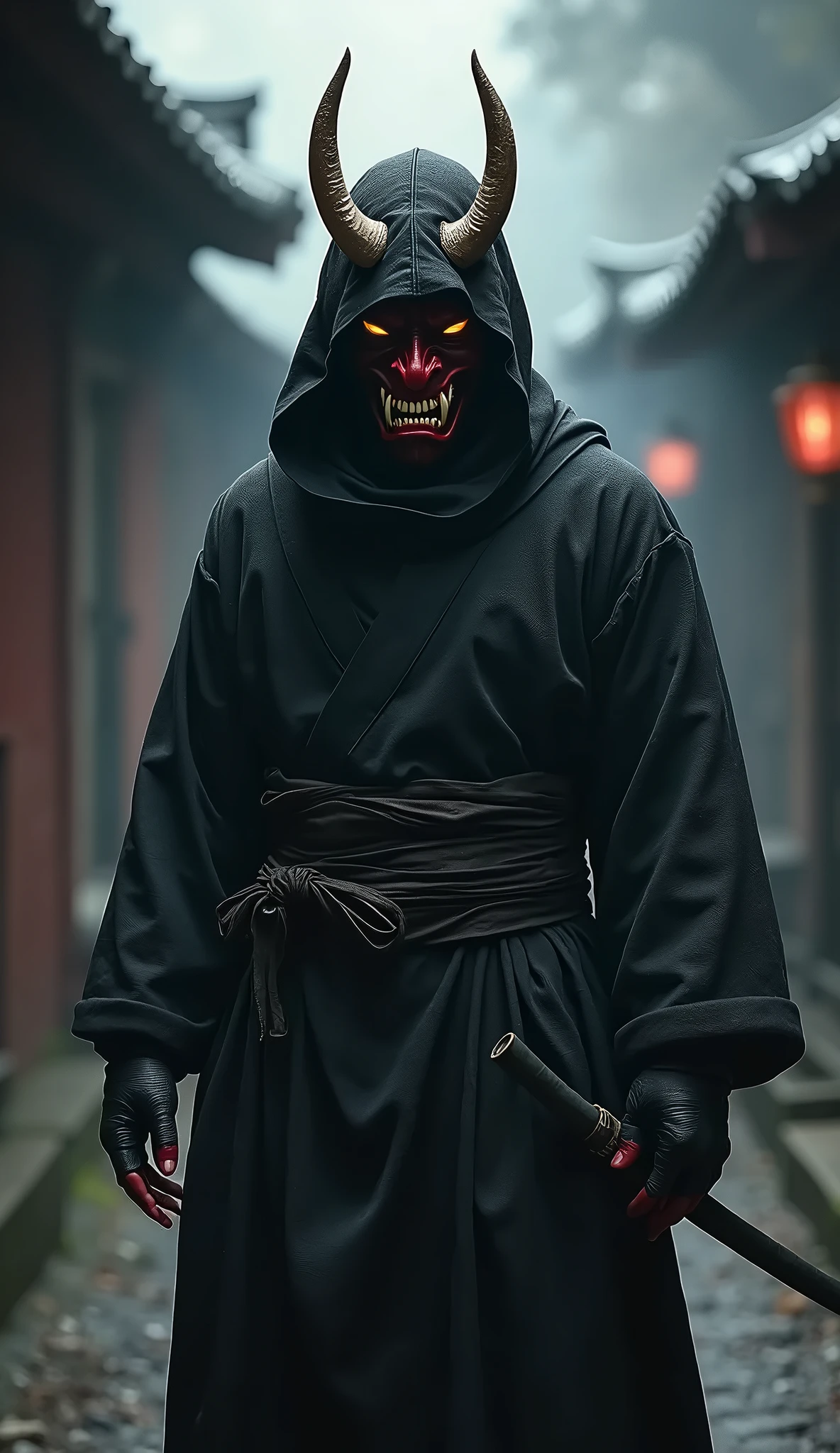 female ninja with a Japanese scary halfe oni mask, com uma roupa preta, menacingly, long here ,white skine, japanes cloth, black and red color cloth