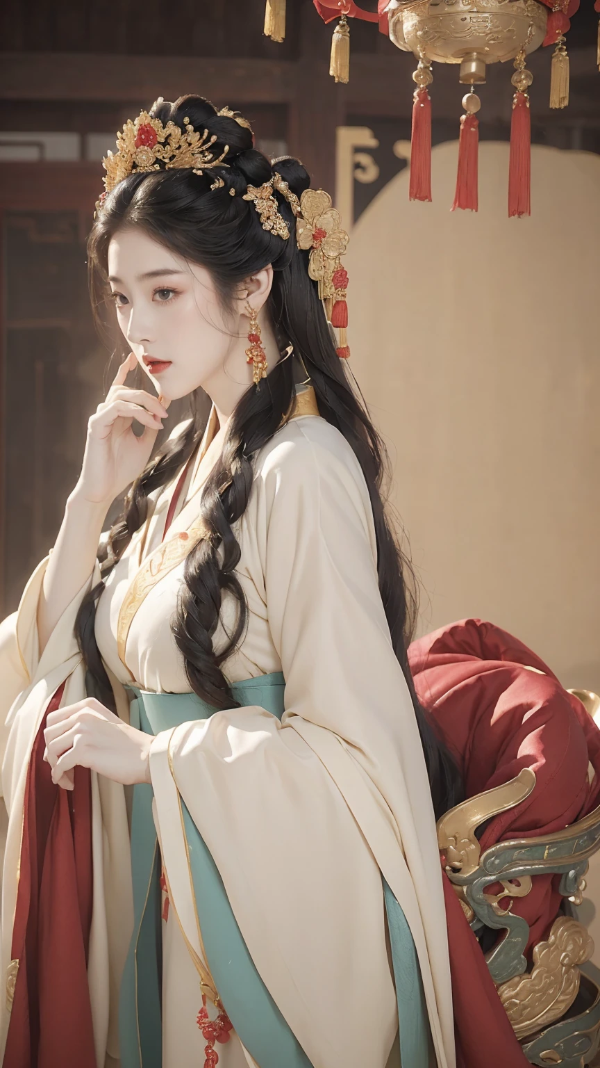 best quality, (((Jing Tian, Jing Tian, Jing Tian))), (((Hanfu, Hanfu))), (((Gorgeous Empress of the Chinese Court during the Qing Dynasty Gorgeous Empress of the Chinese, with her hair tied on both sides The background of this perverted and erotic woman wearing a crown and tying her hair is the Chinese court of the Qing Dynasty. The scene is set in the luxurious room of an empress in the Qing Dynasty Chinese court))), ((masterpiece)), (wedding dress) ((black hair, long hair)), ((blue eyes)), (((180cm))), looking to viewer, hairline, (((porcelain white skin, white skin, white skin, wet skin, wet skin))), ((top-quality,​masterpiece:1.3,超A high resolution,),(ultra-detailliert,Caustics),(Photorealsitic:1.4,RAW shooting,)Ultra-realistic capture,A highly detailed,High resolution 16K human skin closeup。 Skin texture is natural、,The pores are、Must be detailed enough to be easy to identify。 Skin should look healthy with even tones。 Use natural light and color)), 8k, hot, sexy, big, ((180cm)), ((wide hips, heart-shaped)), curved body, full bodyesbian, thick thighs, perfect body, full viewing angle, perfect body, perfect lower hip, perfect high hip, perfect nipples, perfect pussy, perfect vagina, ((big breasts)), perfect nipples, perfect breasts, pose, ((catwalk))
