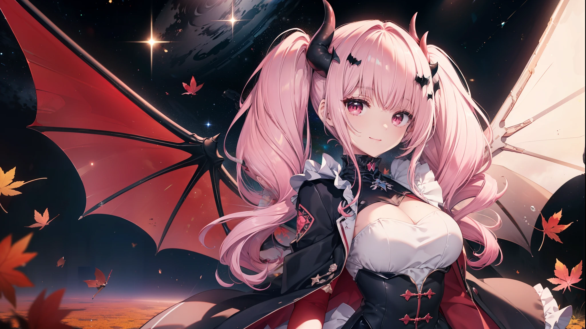 High image quality, masterpiece, Delicate Hair, Delicate eyes, Delicate Hair, ((masterpiece, 最High image quality)), High image quality, masterpiece, Delicate Hair, Delicate eyes, (Photo Original), ((Fantasy Pink Hair Dye the inside of your hair red Twin tails Dull red eyes Succubus Maid uniform Wear a coat without putting your arms through it Bat Wings Wings many times larger than mine Lonely Smiling Kindly Devil horns)) ((smile Blood gloves)) (Broken glass Distorted space-time star) Catching the Wind autumn Shining Background Particles of light, Pink sparkling edges